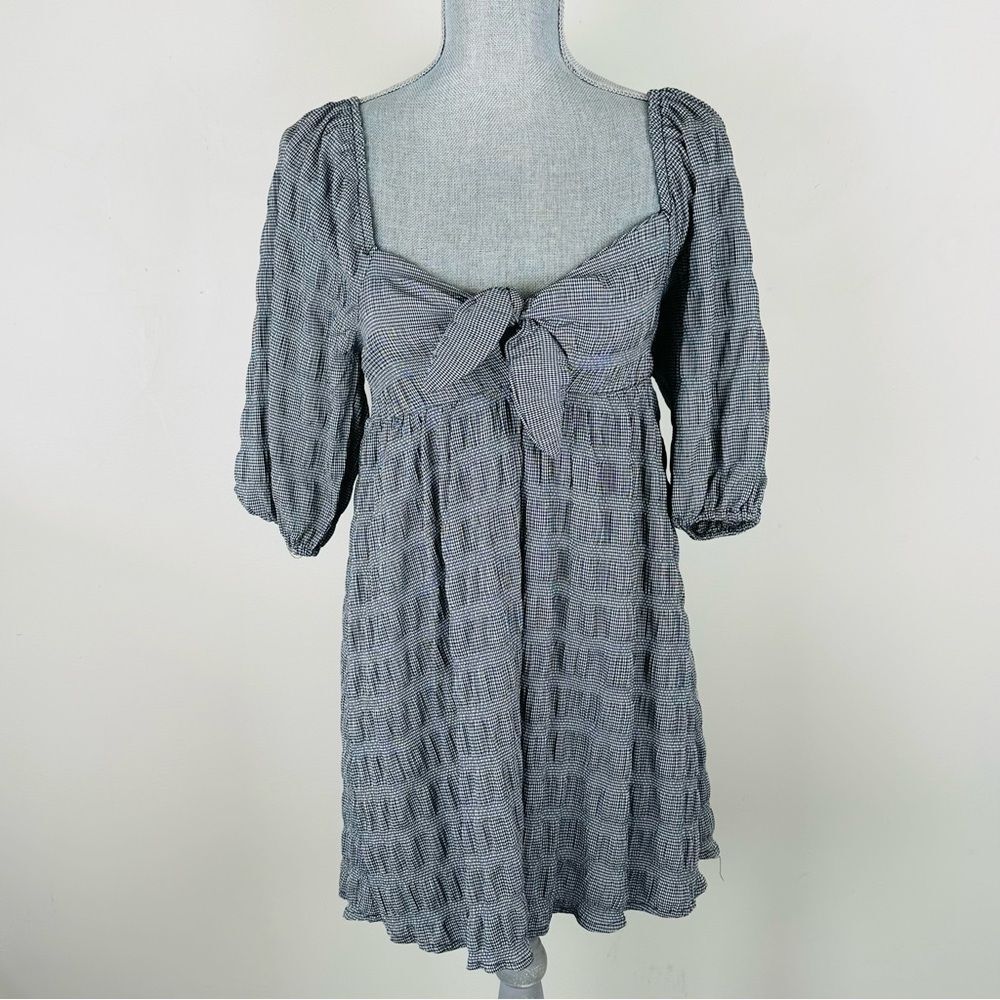 NWT Forever 21 SZ S Black White Gingham Babydoll Dress Tie Front Puff Sleeves